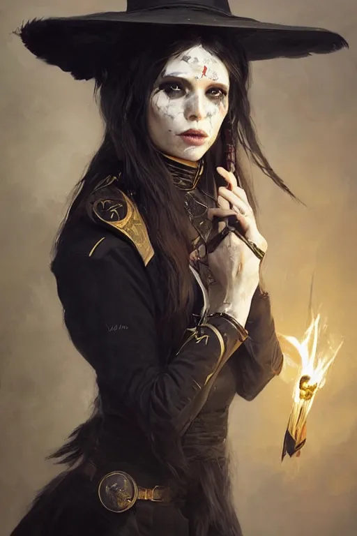 Image similar to hyper realistic portrait painting, beautifully rendered, gorgeous young witch with ceremonial markings and black feathers painted by greg rutkowski, wlop, artgerm, dishonored 2