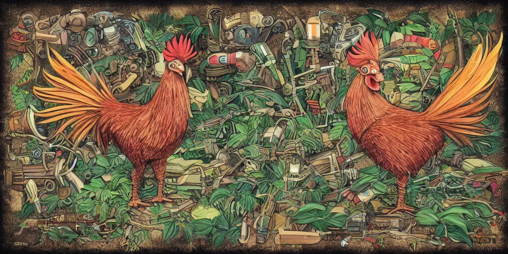 Prompt: beautiful schematic of a fighting rooster made of rocket and car engine parts in a jungle background, schematic, dieselpunk, illustration, intricate, highly detailed, studio ghibli color scheme, colorful