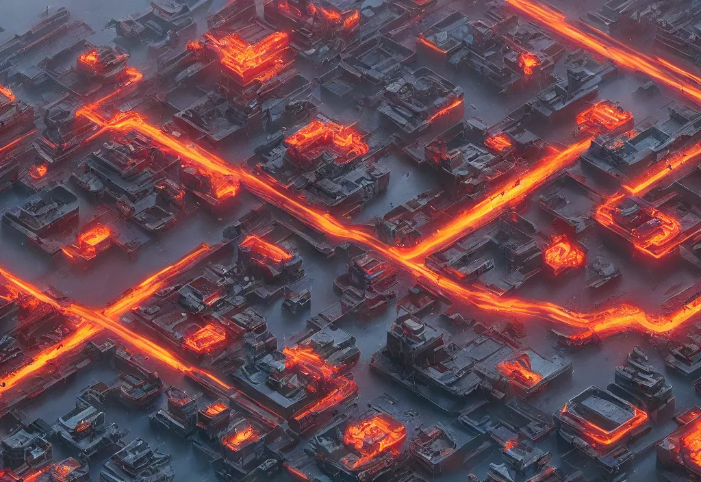 Image similar to a city made out of magma, rendered by simon stalenhag, beeple, makoto shinkai, syd meade, environment concept, digital art, unreal engine, wlop, trending on artstation, low level, 4 k uhd image, octane render