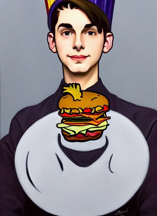 Prompt: oil painting, teenage jughead jones, wears a light grey crown with buttons on it, and devours a hamburger, wearing a light grey crown, intricate, elegant, highly detailed, pinocchio nose, lighting, painting, artstation, smooth, illustration, art by greg rutowski and alphonse mucha