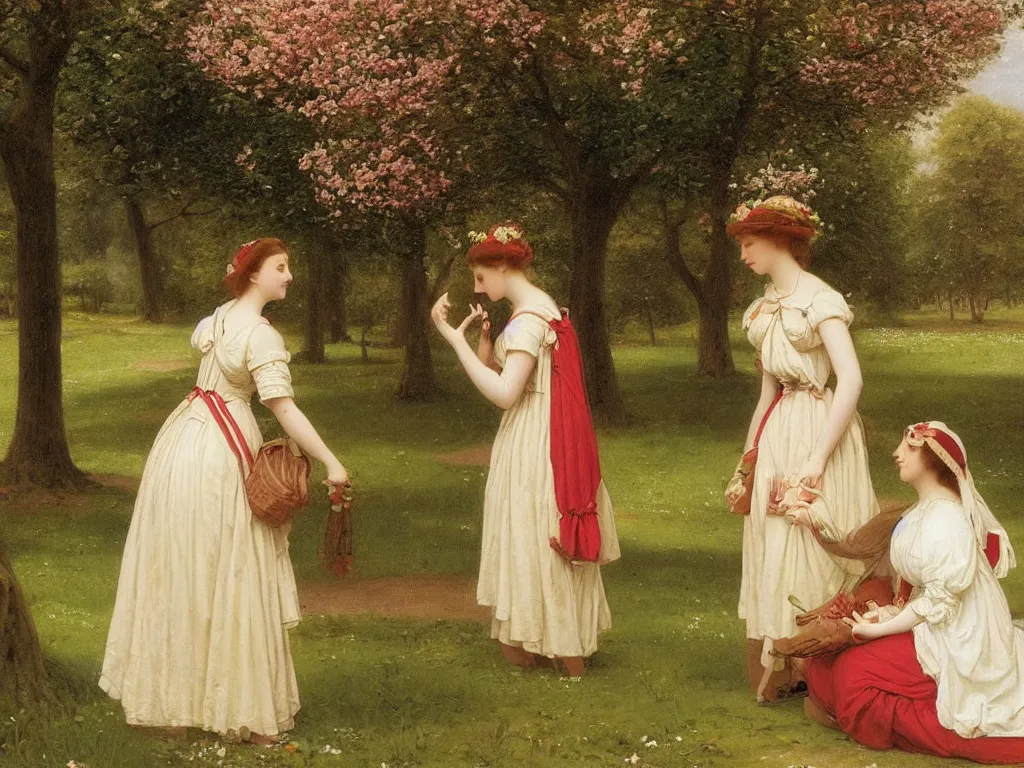 Prompt: a shy young couple have a secret rendezvous in a park : : springtime, in the style of edmund blair leighton