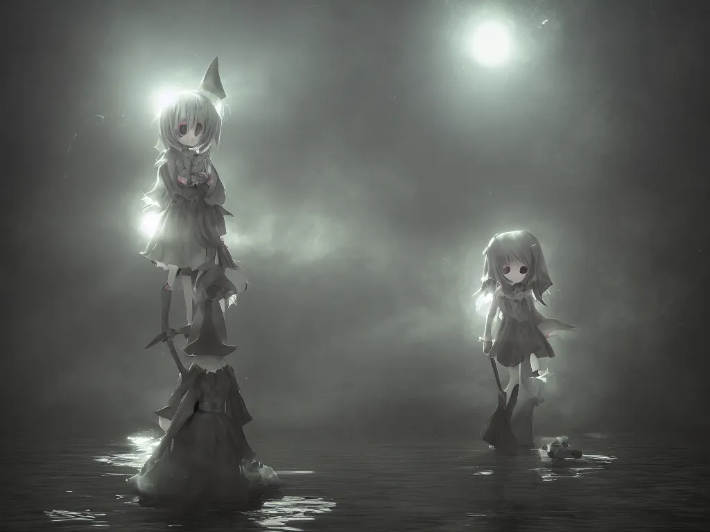 Image similar to cute fumo plush girl witch standing in reflective murky river water, gothic horror maiden in tattered cloth, volumetric fog and smoke, light shafts shining through the dusky light, moonglow, lens flare, chibi anime, vray