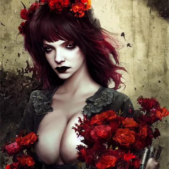 Image similar to goth christina hendricks with flowers in her hand, tankoban, 4 k, tone mapping, akihiko yoshida, james jean andrei riabovitchev marc simonetti, yoshitaka amano, long hair, curly, h. hydrochaeri