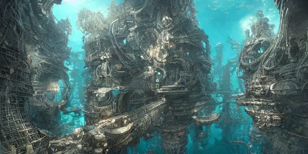 Image similar to masterpiece artwork of a underwater city, hyper detailed, art, trending in artstation, behance, deviantart, art style by kim jung gi and greg rutkowski