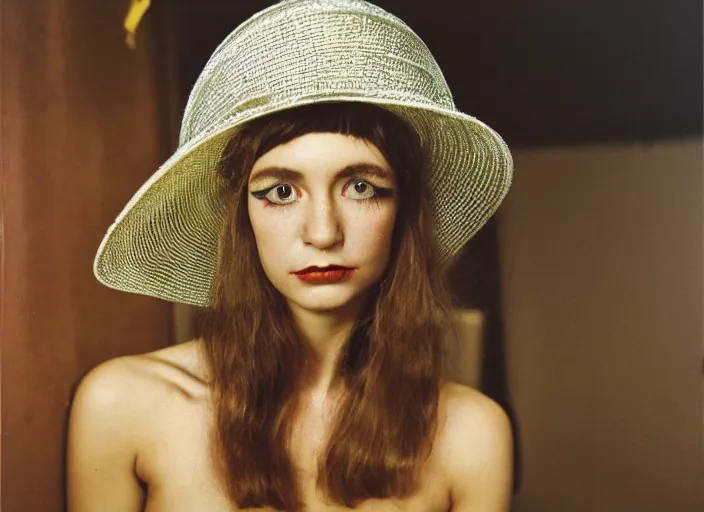 Prompt: a highly detailed beautiful portrait of a cyborg sorceress in a hat, by william eggleston