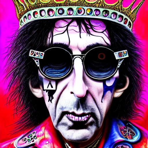 Prompt: An extremely psychedelic portrait of Alice Cooper wearing a crown and sunglasses, surreal, LSD, face, detailed, intricate, elegant, lithe, highly detailed, digital painting, artstation, concept art, smooth, sharp focus, illustration