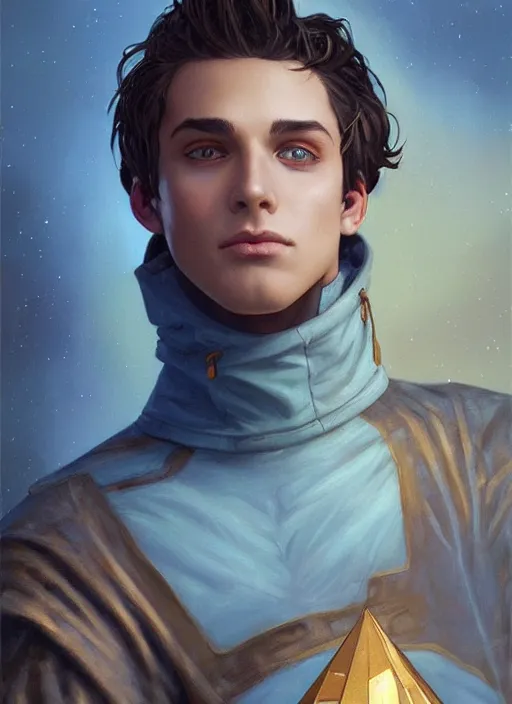 Prompt: handsome young man with short black hair, light blue eyes, detailed neighbourhood background, magical atmosphere, tarot card, glowing, golden hour, wearing jeans and a black hoodie, realistic painting by ross tran and gerald brom and alphonse mucha, trending on artstation