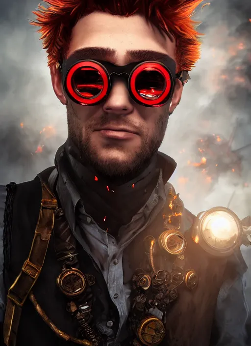 Image similar to An epic fantasy comic book style portrait painting of young man with red spiked long hair, using an steampunk googles. Wearing a black waistcoat, white shirt. Fire on his hands. Unreal 5, DAZ, hyperrealistic, octane render, cosplay, RPG portrait, dynamic lighting