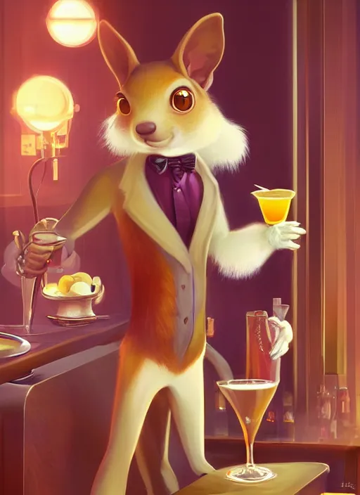 Image similar to squirrel anthro as a dapper bartender with a big, fluffy tail, retro futurism, art deco, detailed, painterly digital art by WLOP and Cory Loftis and Delphin Enjolras, 🐿🍸🍋, furaffinity, trending on artstation