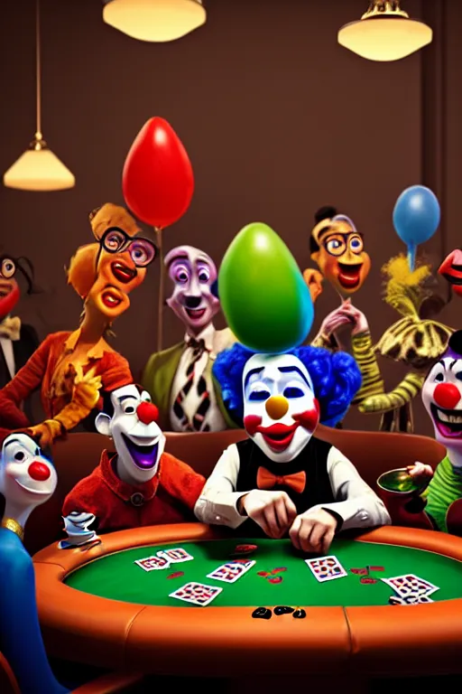 Prompt: pixar clown sitting at a poker table with serious people, clown is screaming, angry | glamorous oily soft polished rich ornate modern | weta disney pixar movie still photo | hi - fructose, sci fi fantasy, smooth, octane render, sharp focus, artstation, concept art | artgerm, mucha, rutkowski, feng zhu, wlop, loish