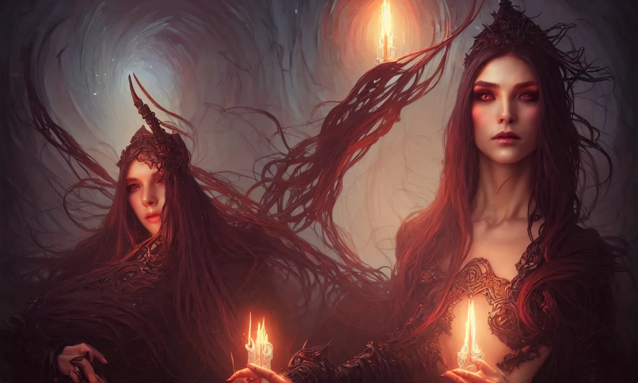 Image similar to Necromancer Sorceress in center, fantasy magic, undercut hairstyle, dark light night, intricate, elegant, sharp focus, illustration, highly detailed, digital painting, concept art, matte, art by WLOP and Artgerm and Greg Rutkowski and Alphonse Mucha, masterpiece