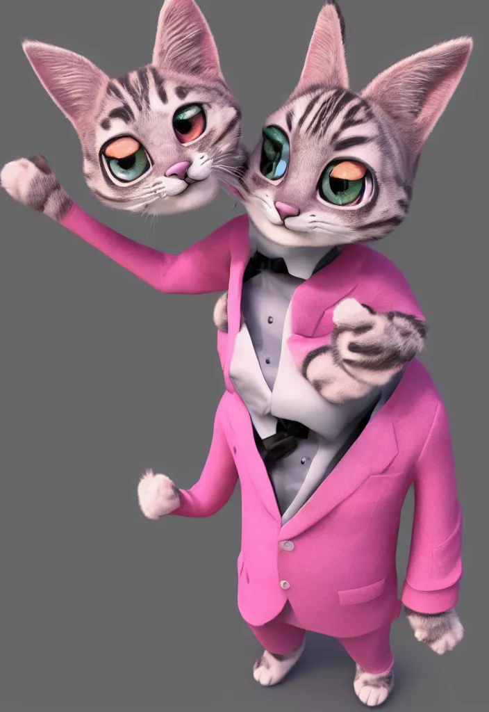 Image similar to 3d render , anthropomorphic male tabby cat,wearing a pink tux ,style of Zootopia, 8K HD Resolution, High quality image