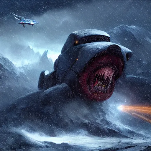 Image similar to an giant creature with long tongue attacking an starship in blizzardy mountains, Matte painting , detailed painting, greg rutkowski