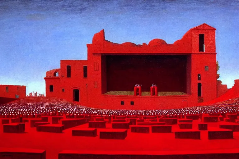 Image similar to only with red, a red great emperor, taormina amphitheatre, crowd with big smile, in the style of beksinski, parts by edward hopper, parts by rodcenko, parts by yue minjun, intricate and epic composition, red by caravaggio, insanely quality, highly detailed, masterpiece, red light, artstation, 4 k