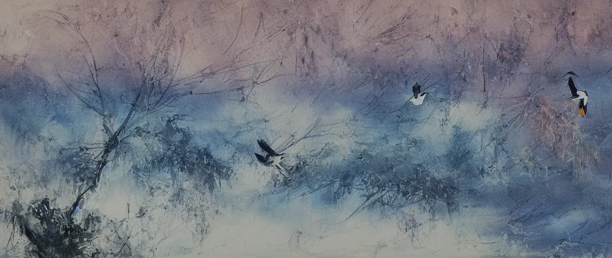 Prompt: two orioles chirp in the green willow trees ; a file of egrets take to the sky blue. my window holds the age - old snowed west ridge ; near my gate moor the ships from faraway state wu. epic, highly detailed, oil painting, by zao wou - ki