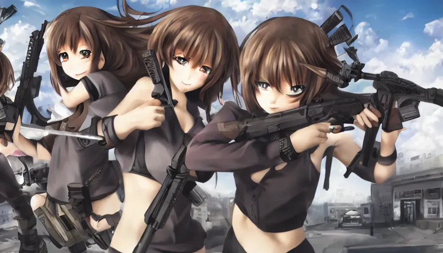 Image similar to anime girls in a gun fight, photorealistic, anime, mini skirt, hyper real, detailed, wide angle shot