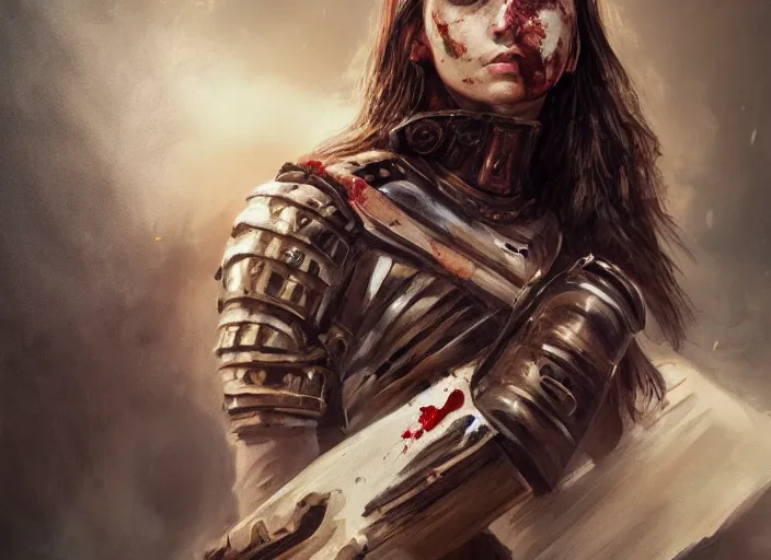 Prompt: landscape, portrait painting beautiful realism, an caucasian girl, wearing war clothes, in wood armor who was sprawled out was about to rise, his face covered in blood. cinematic scene, good lighting, fine art, trending on artstation, smooth draw, sharp focus.