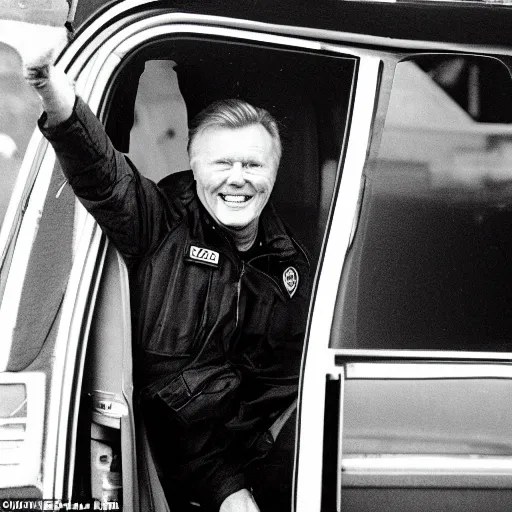 Image similar to john voight is sitting in a van, door open, looking at camera and smiling, he holds up his arms, showing his handcuffs