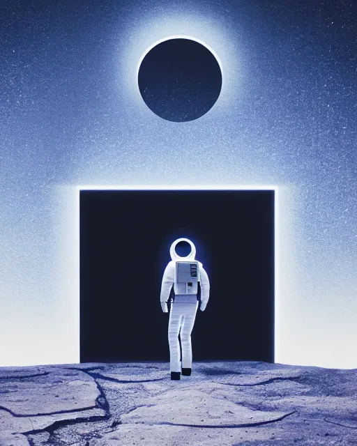 Image similar to a person standing in front of a glowy open door that's on a barren moon, poster art by mike winkelmann, trending on cg society, space art, sci - fi, ue 5, futuristic, volumetric lighting, light casting onto the ground, neat composition and camera angle