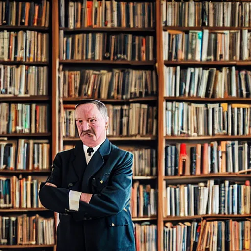 Prompt: a portrait of hitler in a library, sigma 8 5 mm f / 1. 4