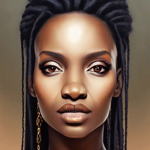 Image similar to a detailed matte oil on canvas head on symmetrical portrait of black skinned woman with long with hair, clothed by charlie bowater, lise deharme, wlop, trending on artstationhd, dungeons and dragons art critical role