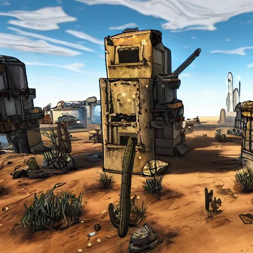 Image similar to An ivory tower sparkling in a desert oasis surrounded by a small city of ramshackle huts in the style of borderlands by gearbox sodtware, cel-shaded