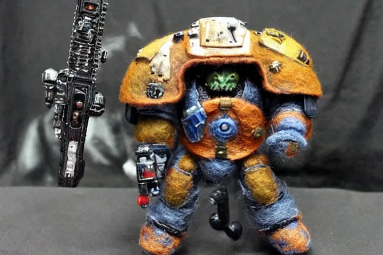 Prompt: needle felted warhammer space marine