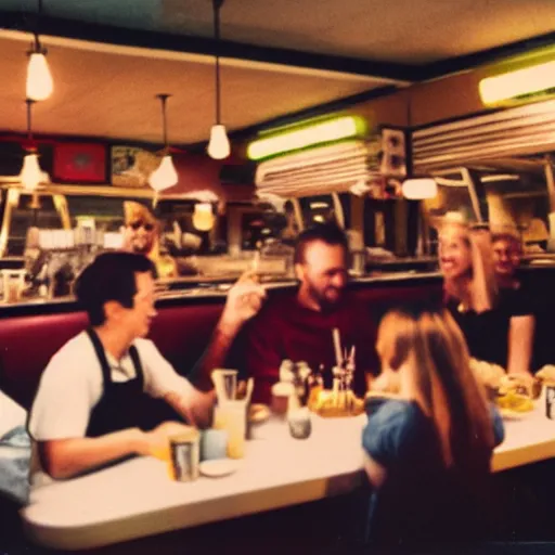 Image similar to a polaroid photo of people at a diner, detailed, hq, lens flare, realistic