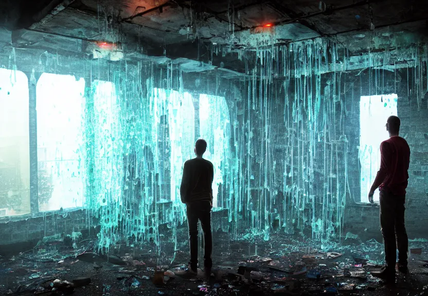 Image similar to a sad man in the center of the room looks out the magic window behind which is the old ruined city, toxic colorful slime and debris pouring from the ceiling in a large gothic cracked steampunk room spilling over the transparent floor and splashing large glowing luminescent neon drops, field - blur, floodlight, argand lamp, 4 k