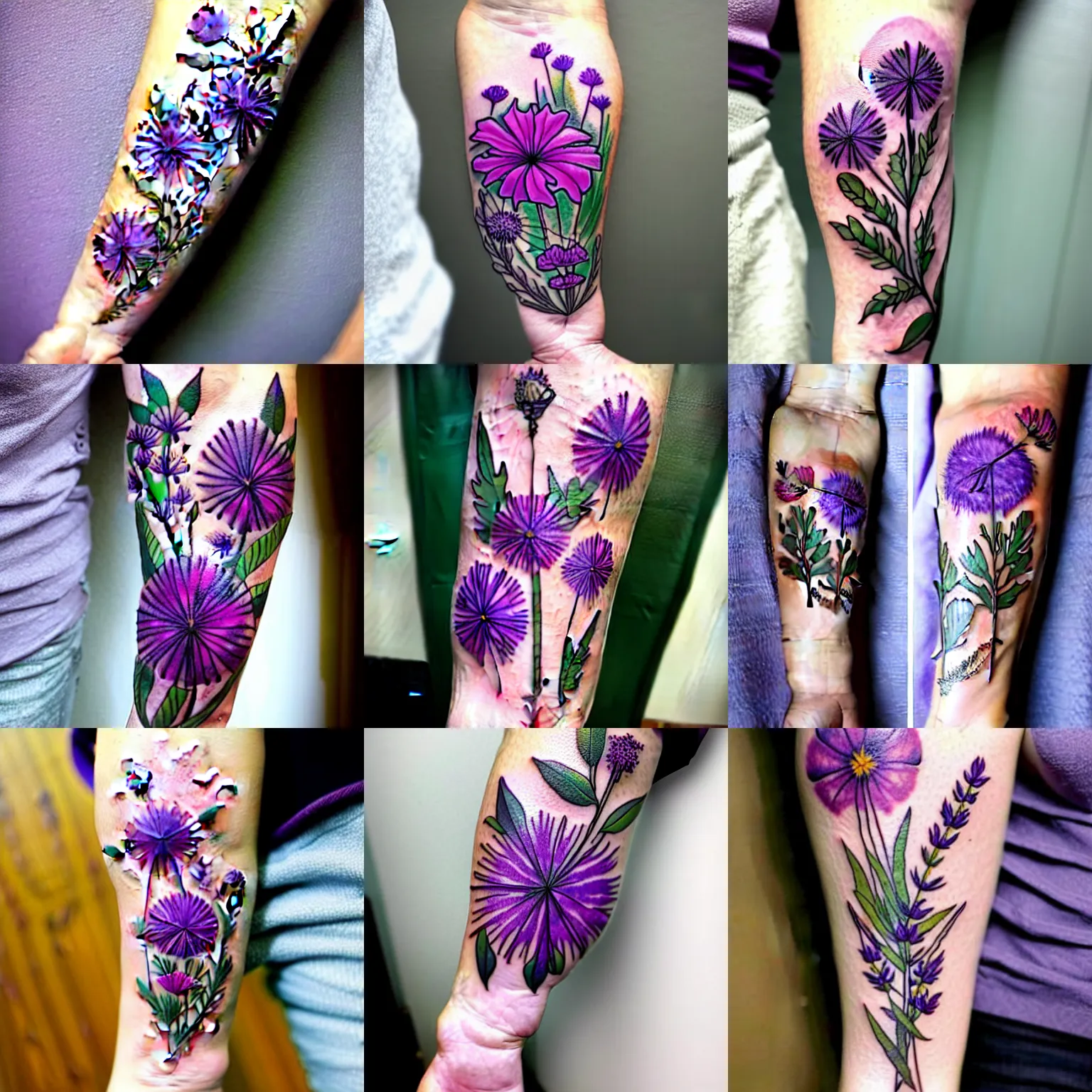 Prompt: botanical tattoo covering a person's forearm including flowers of lavender, verbena, hibiscus, and dandelion intertwining, tattoo design, inking on skin, sleeve tattoo