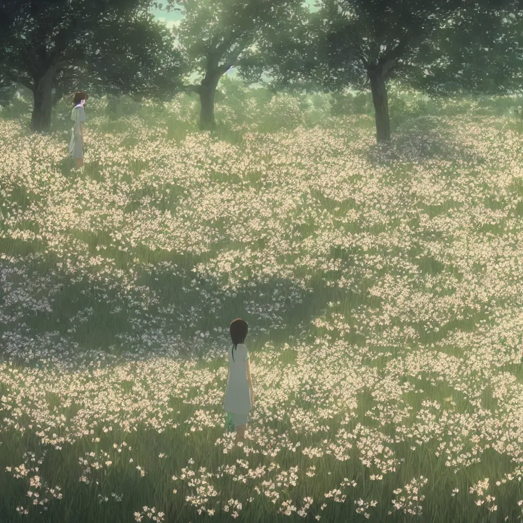 Prompt: film still of a field of delicate dainty blossoms, makoto shinkai, cinematic lighting, sunny, highly detailed, hand drawn, intricate, illuminated, 8k