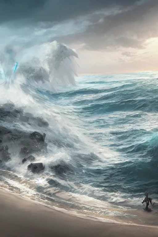 Prompt: tidal wave destroying a beach, digital art, magic the gathering, mtg, by greg rutkowski, trending on artstation