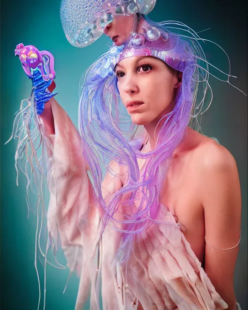 Prompt: natural light, soft focus portrait of a cyberpunk anthropomorphic jellyfish with soft synthetic pink skin, blue bioluminescent plastics, smooth shiny metal, elaborate ornate head piece, piercings, skin textures, by annie leibovitz, paul lehr