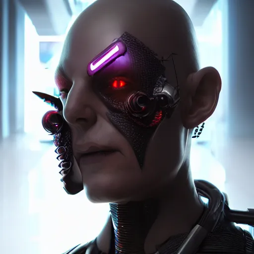 Image similar to evil cyberpunk dark villain, highly detailed, photorealistic portrait, bright studio setting, studio lighting, crisp quality and light reflections, unreal engine 5 quality render