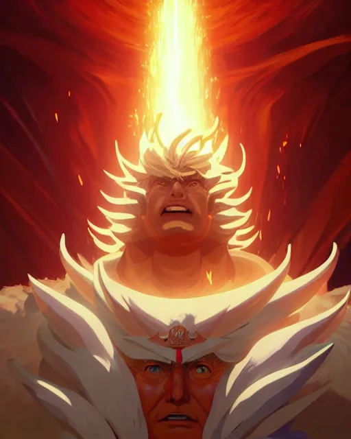 Image similar to donald trump as an azctec warrior, detailed perfect face, exquisite details, fire magic, mid view, design on a white background, by studio muti, greg rutkowski makoto shinkai takashi takeuchi studio ghibli