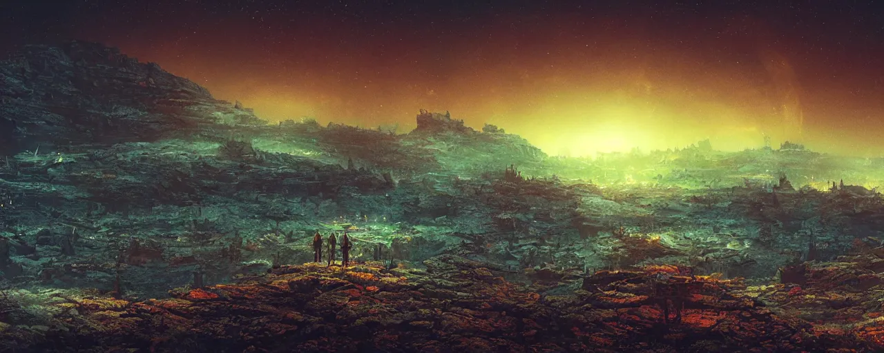 Image similar to ” otherwordly barren landscape at night, [ cinematic, detailed, epic, widescreen, opening, establishing, mattepainting, photorealistic, realistic textures, octane render, art by slop and paul lehr ] ”