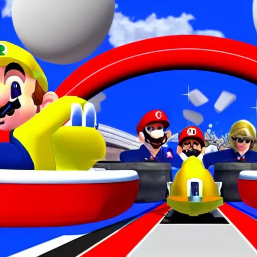 Image similar to Donald Trump is a character in Mario Kart Tour, gameplay screenshot, detalied, high rendering,