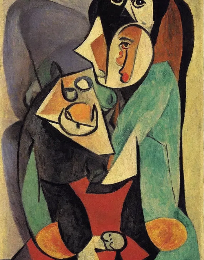 Prompt: Portrait of a woman and a dachshund, Pablo Picasso