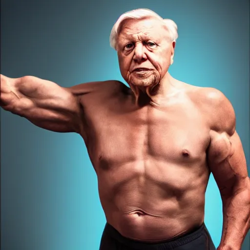 Image similar to David attenborough with the physique of a body builder, hyper realistic, ultra detailed, cinematic, dynamic lighting, photorealistic, refined, intricate, digital art, digital painting, masterpiece, 8k