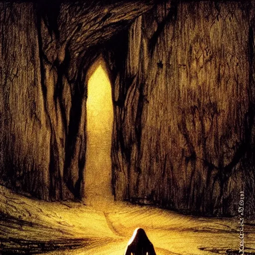 Prompt: A scene from The Lord of the Rings, with Frodo and Sam walking through Mordor. The colors are very dark and ominous, and the composition is very simple. This is an illustration, done in a traditional painting style with a focus on light and shadow. The artist is Alan Lee, and the artwork is called The Journey