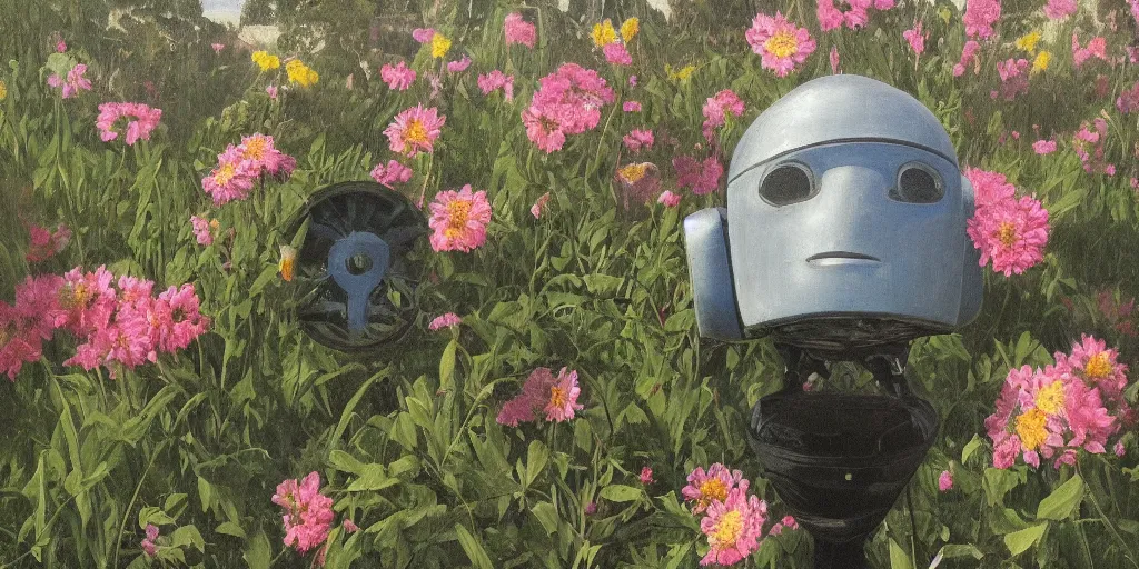 Prompt: robot head with flowers growing out, Thomas Cole, wide angle, minimalistic, highly detailed, masterpiece