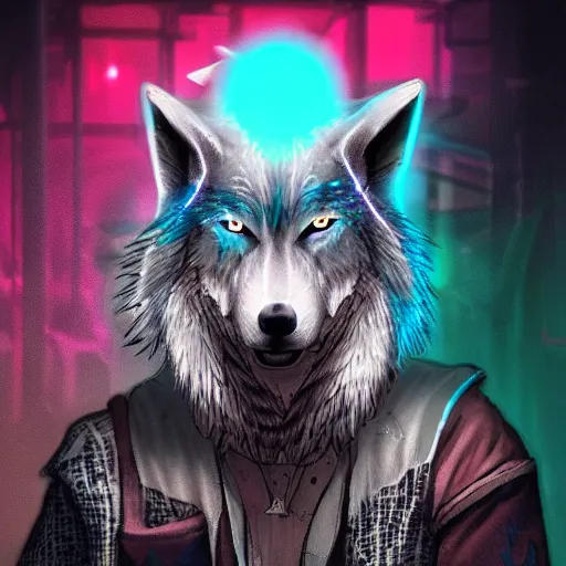 Image similar to wolf headed shaman, meditating, floating, angry, cyberpunk, junkyard, neon glow, electric glow, dark dynamic lighting