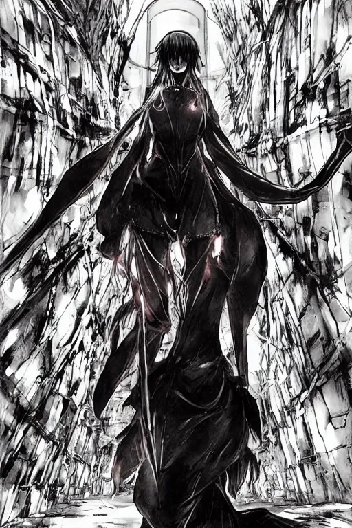 Prompt: beautiful coherent award-winning manga cover art of a mysterious lonely anime woman wearing a plugsuit and traversing an endless concrete hallway, painted by tsutomu nihei