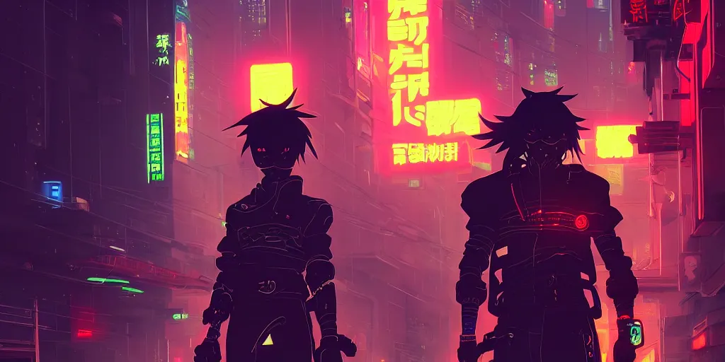 Prompt: digital illustration closeup portrait of cyberpunk samurai in city street at night by makoto shinkai, ilya kuvshinov, lois van baarle, rossdraws, basquiat | afrofuturism, in the style of hearthstone, hero pose, trending on artstation | cool color scheme