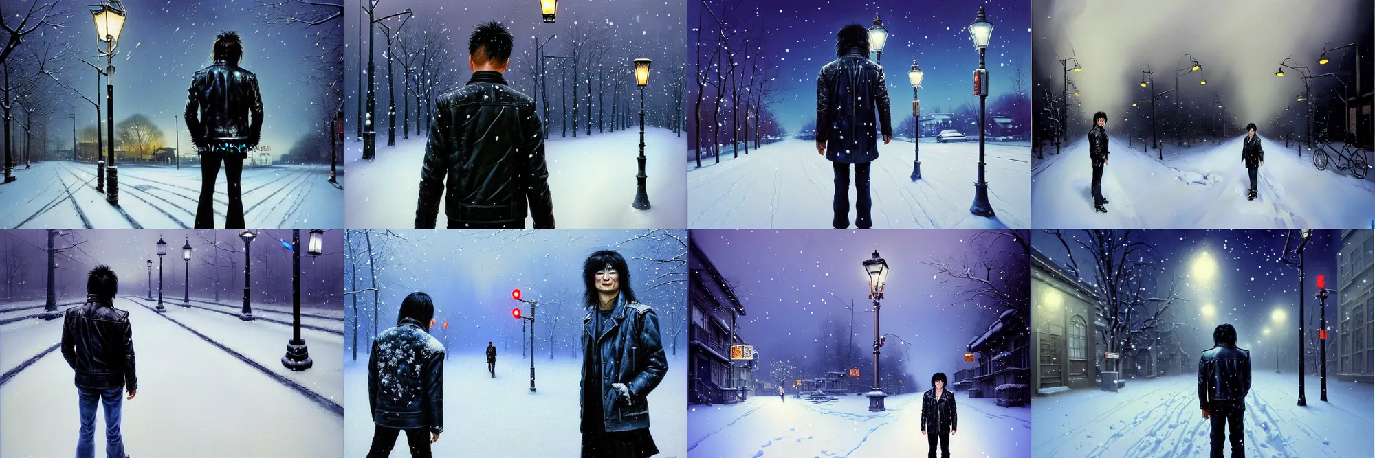 Prompt: beautiful snow - covered victor tsoi korean from back standing on alley with street lamps in park with pines to the horizon, dressed in short leather jacket, snowfall at night, 1 9 8 0 s mullet haircut, black hairs, half - length portrait, perfect symmetrical eyes, cinematic by peter mohrbacher, ron cobb, painting, digital art, detailed, hyperrealism, igla