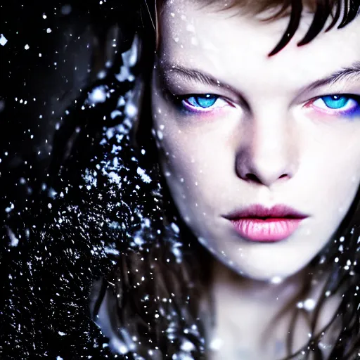 Image similar to Young Milla Jovovich as a snow goddess covered in snow, grungy, unkept hair, glowing eyes, winter, modelsociety, radiant skin, huge anime eyes, RTX on, bright on black, dramatic, studio lighting, perfect face, intricate, Sony a7R IV, symmetric balance, polarizing filter, Photolab, Lightroom, 4K, Dolby Vision, Photography Award