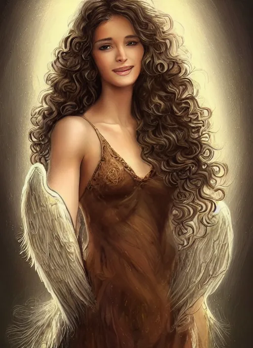 Prompt: beautiful female angel, brunette with big smile and curly hairstyle, looks like Ebru Şahin, Reyyan, looks like Fabiula Nascimento, looks like Laura Barriales, looks like Julia Roberts, D&D, fantasy, intricate, elegant, highly detailed, digital painting, artstation, concept art, character design, smooth, sharp focus, illustration, art by artgerm and greg rutkowski and alphonse mucha