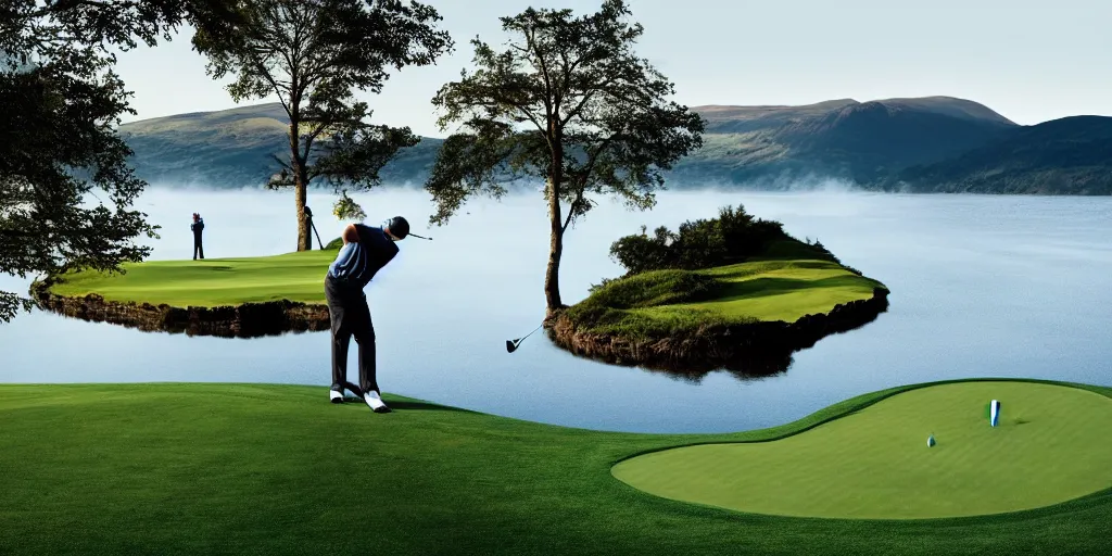 Prompt: a great photograph of the most amazing golf hole in the world completely surrounded by water, loch ness monster in the water, ambient light, golf digest, top 1 0 0, fog