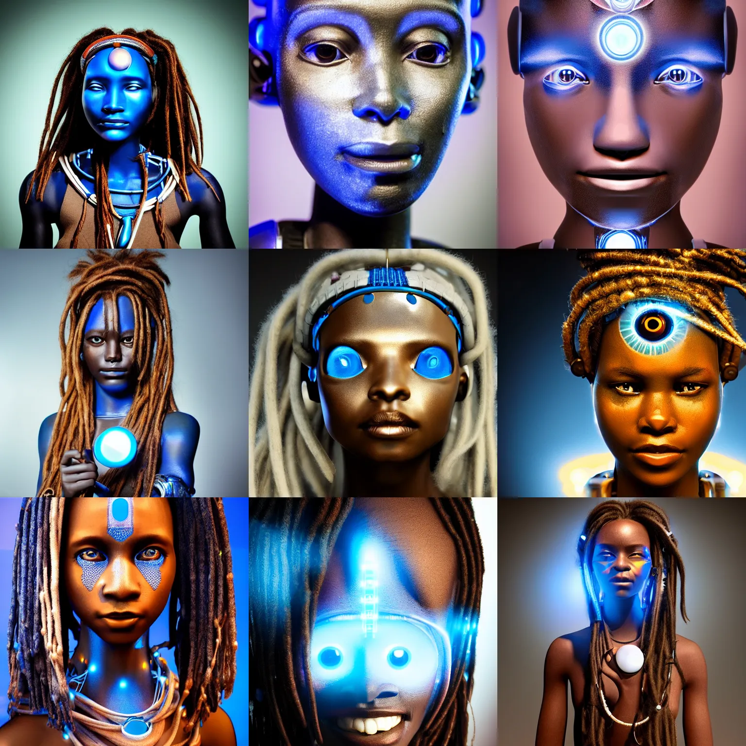 Prompt: beautiful futuristic himba woman smirking, glowing white mechanical eye, robotic prosthetic arm, blue glass dreadlocks, hyperrealistic, sci - fi, dramatic lighting, intricate, soft focus