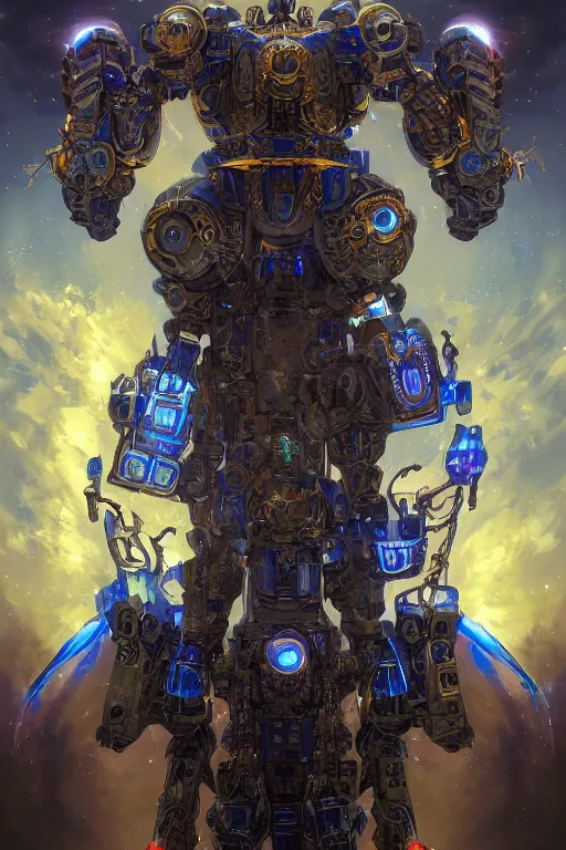 Image similar to a Portrait of a mythical space organic mech, D&D, sci-fi fantasy, intricate, blue and gold, highly detailed , art by Range Murata, rim lighting, highly detailed, 3d, octane render, bright colors, digital painting, trending on artstation, sharp focus, illustration style of Stanley Artgerm,